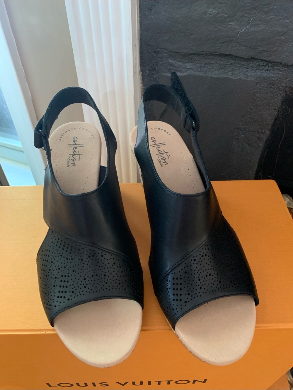 Clarks Black Perforated Open-Toe Slingback Clogs